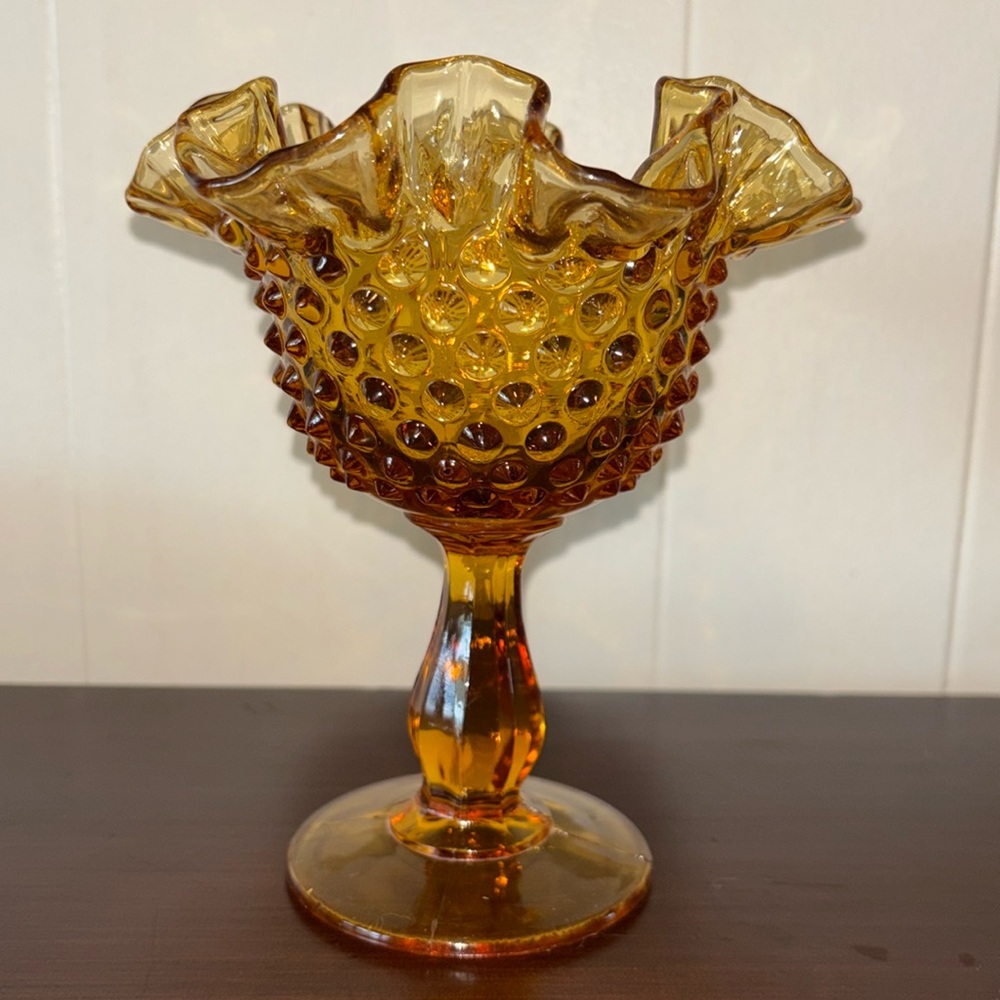 Vintage Fenton Amber Hobnail Glass Compote Pedestal Bowl 1950s